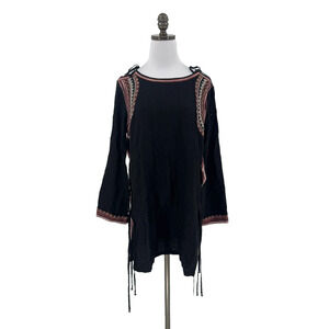 Doen Black Silk Embroidered Cut A Way Collar Tunic Top Long Sleeves Sz S